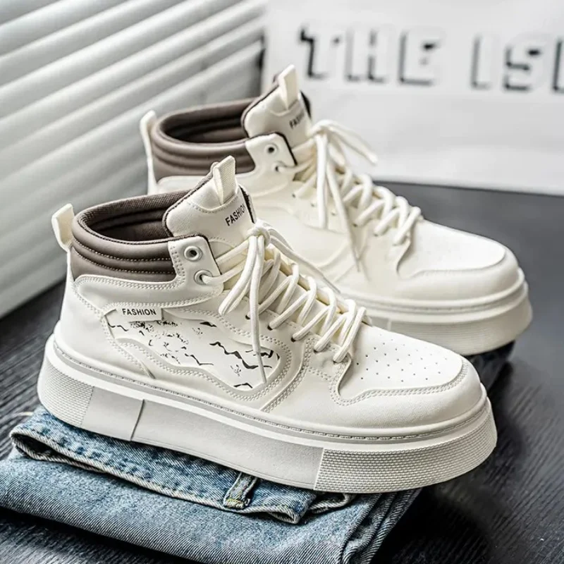 Men High Top Sneakers All Seasons Workwear Boots Suede Texture Thick Sole Casual Footwear Padded Collar Streetwear