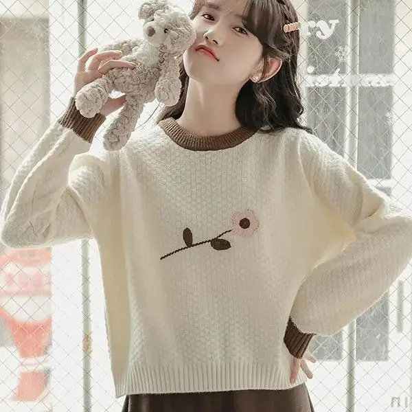 Japanese Sweater Embroidery Bottoming Sweater Women'S Fall And Winter 2024 New Retro Short Inside And Outside With Knitwear