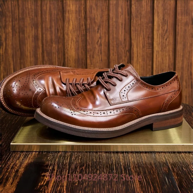 Brogue Carved Chunky Sole British-Style Business Casual Men's Shoes Lace-Up Derby Shoes