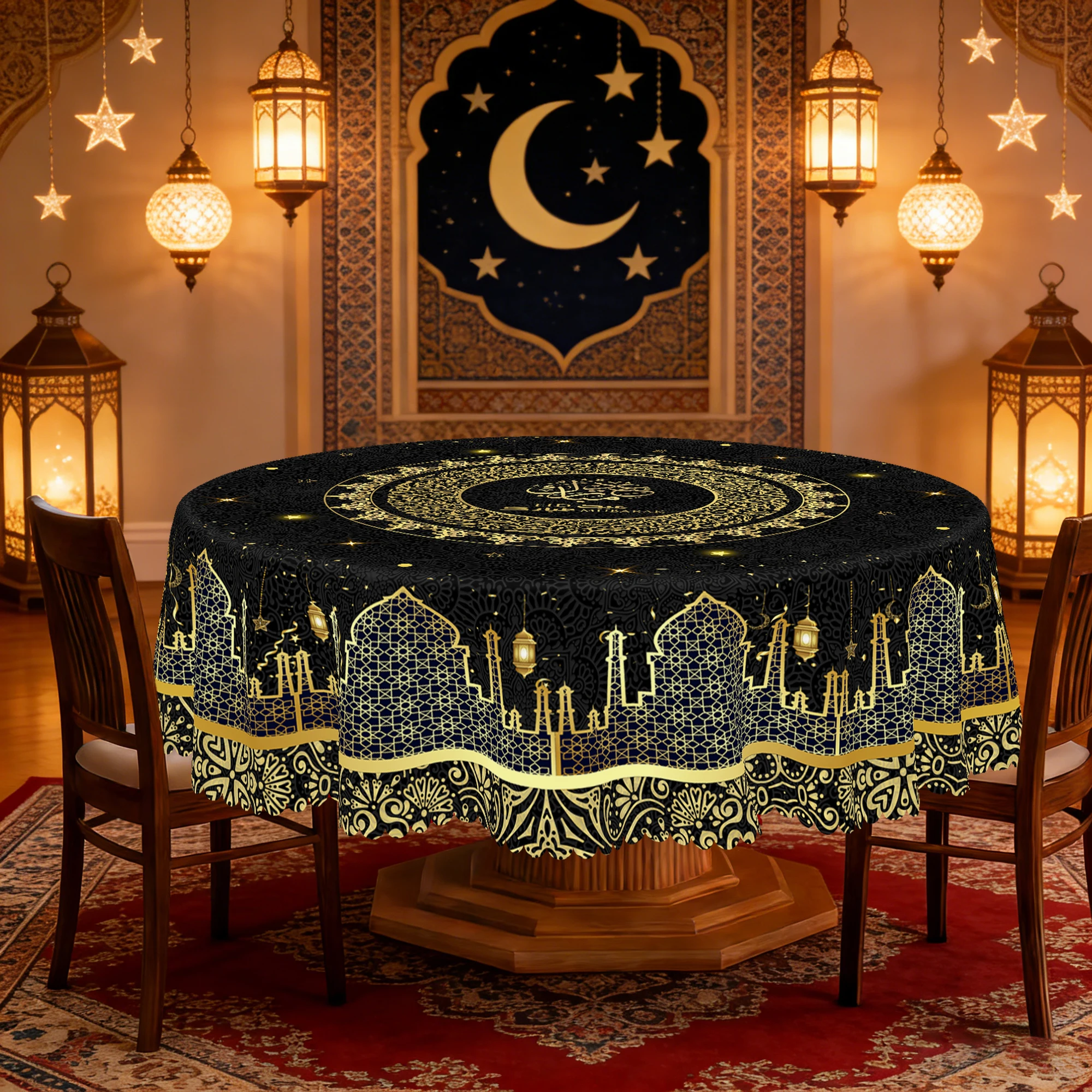 1 Piece of Black Tablecloth for Ramadan and Eid, Golden Ramadan Moon Lamp, Castle Pattern Design, Perfect Holiday and Mubarak Ramadan Decoration, Ramadan Gift, Ideal Indoor/Outdoor Ramadan Party and Home Decoration, Round and Rectangular Tablecloths, Various Sizes Available