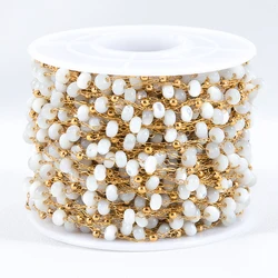 1M Stainless Steel Beaded Chain Elegant White Glass Flat Beads Gold Color Chains for DIY Women Necklace Bracelets Jewelry Making