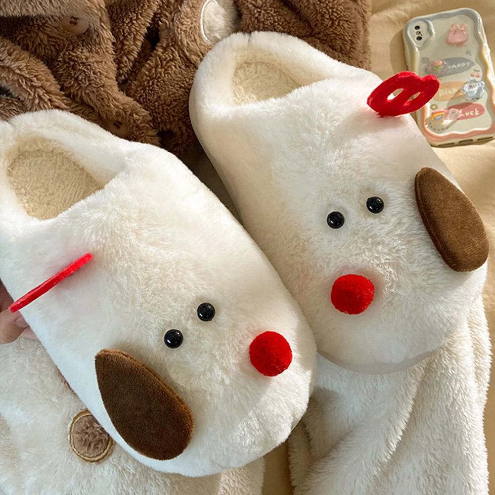 Plush Dog Slippers Flat Thermal Slippers Anti Slip Cartoon Animal Slippers Cute Slip-on House Shoes for Indoor Bedroom