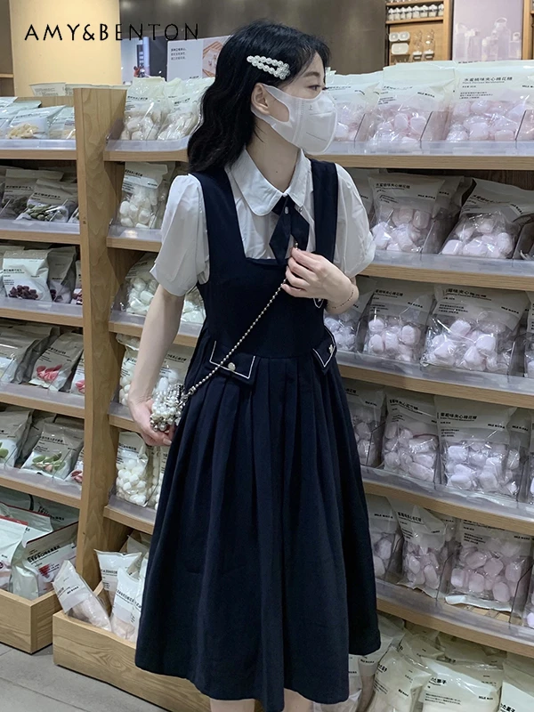 

College Style JK Suit Skirt Girls 2025 Summer Newstrap Skirt Middle School Students Short Sleeve Dress Performance Clothes