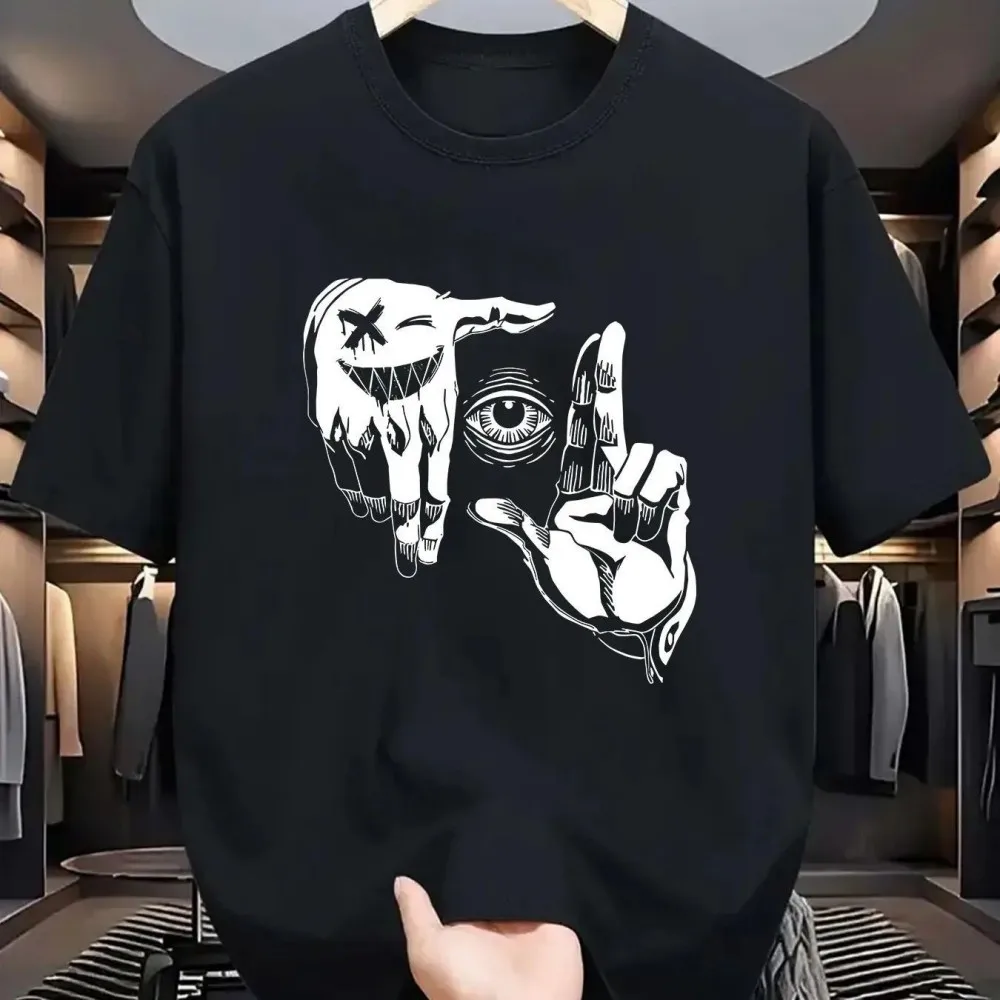 Summer men's new fashionable hand and eye print breathable and comfortable round neck T-shirt outdoor casual top