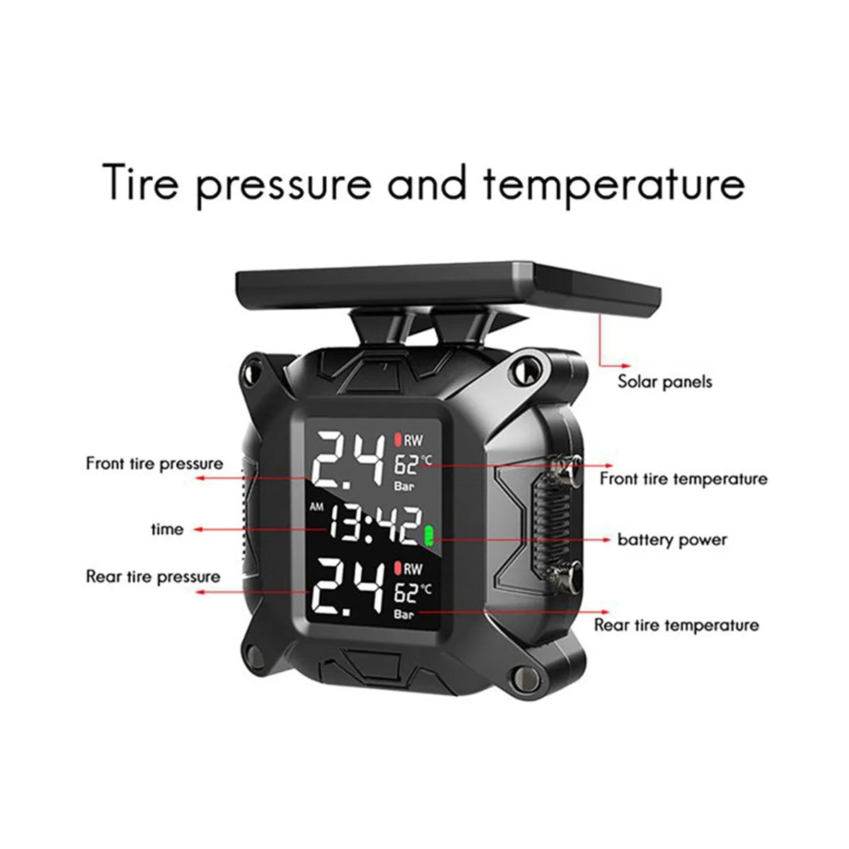 Motocicleta sem fio TPMS pneu pressão monitoramento sistema, sensor solar externo, monitor de temperatura, água prova, um estilo