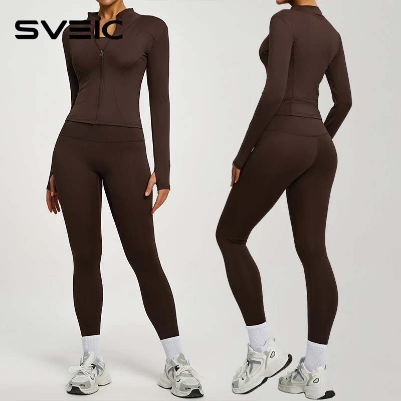 SVEIC Manteau de Yoga, haut de sport, veste à manches longues, Fitness, survêtement respirant pour femmes, Leggings taille haute, ensemble deux pièces, vêtements de sport