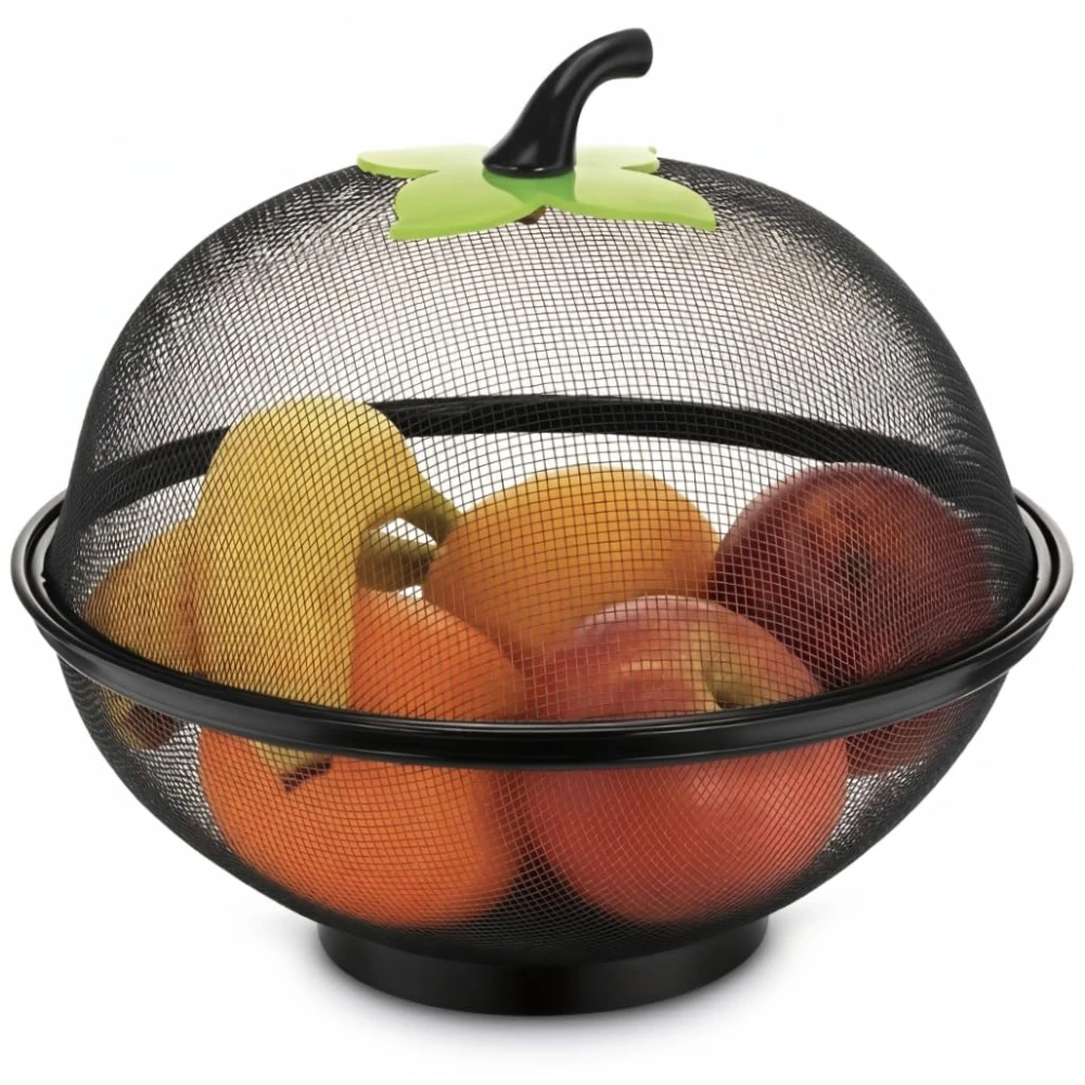 Fruit Basket with Lid Metal Mesh Apple-Shaped Fruit Bowl Cover Protection Rack Table Fly-Proof Reusable Filter Screen Suitable