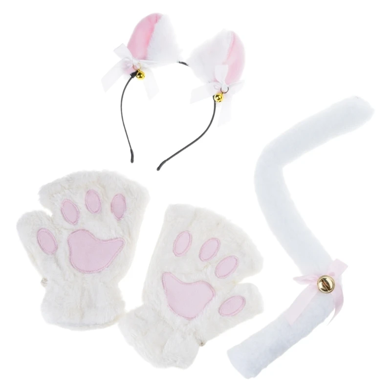 3/4pcs Katzen kostüm für Kinder-Katzen ohren Stirnband Schwanz Schwanz Glocke Choler Handschuhe Halloween Party Tier Cosplay Zubehör – Detail 3