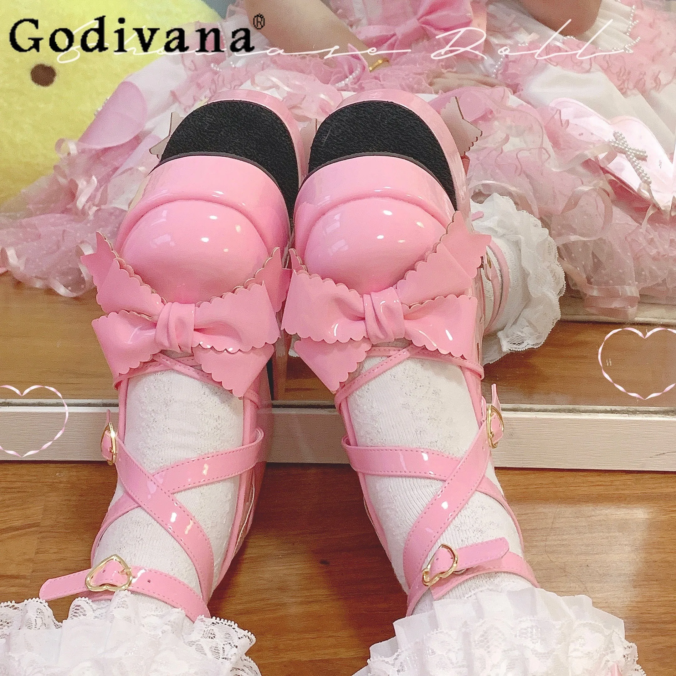 

Lolita Kawaii Platform Shoes Japanese Bow Round Head Sweet Cute Comfortable Chunky Platform Pumps Bowknot Leather Heel Students