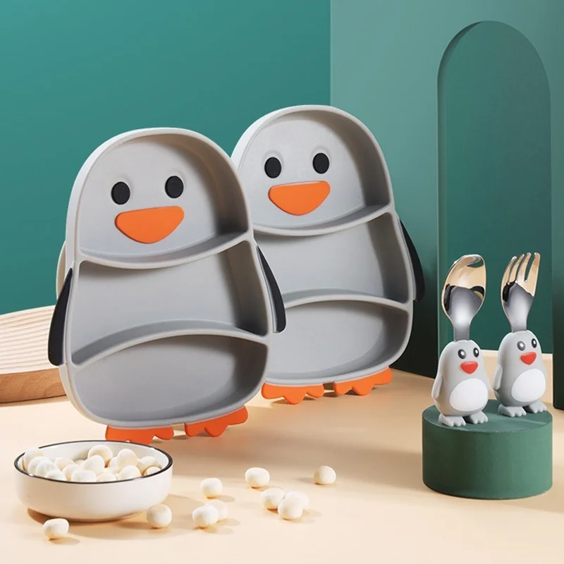 Creative Children\'s Silicon Plastic Date 304 Stainless Steel Cartoon Penguin Spoon Fork Strifice Bib