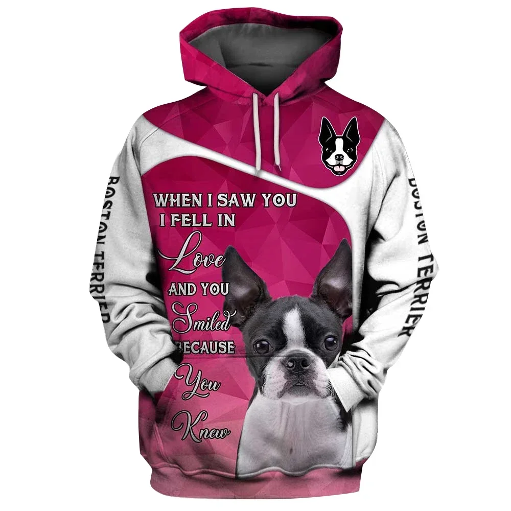 HX Boston Terrier Hoodies 3D Graphic Fell In Love Animals Hoodies Pets Dog Pocket Pullovers Sweatshirts Men Clothing