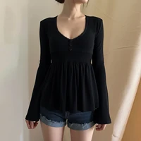 SUCHCUTE, camisa de manga acampanada con botones de retales y encaje liso para mujer, Top informal de punto con cuello en V, ropa estética Y2k para otoño Fairycore