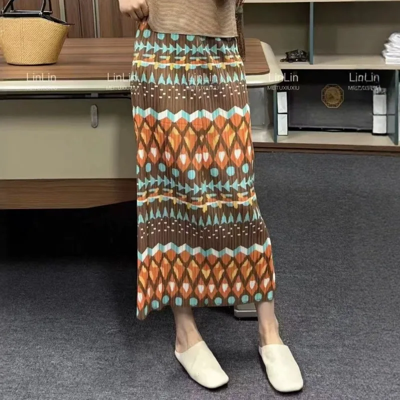 

Miyake Pleated Skirt 2026 Summer New with Side Slits Digital Print Casual Elegant Versatile Women's A-Line Skirt with Pockets