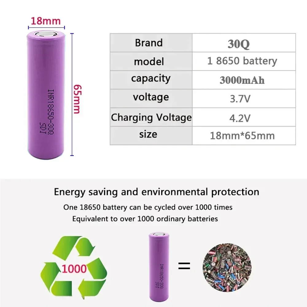 100% Original INR 18650 battery 3.7V 3000mAh INR18650 30Q li-ion Rechargeable Batteries Hight Power Discharge 30A Larger Current