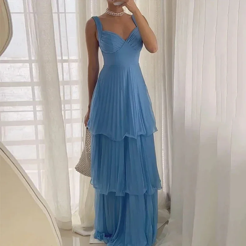

Simple Women V Collar Sleeveless Suspender Dress Elegant Solid Pleated Cake Dress Summer Casual Loose High Waist Long Dress