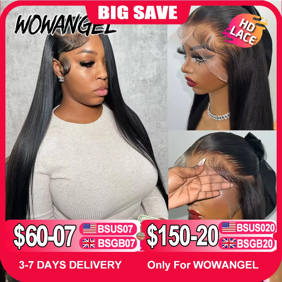 WowAngel 13x6 HD Lace Frontal Wigs 250% Straight Lace Front Human Hair Wigs Melt Skins Pre Plucked Brazilian Hair for Women