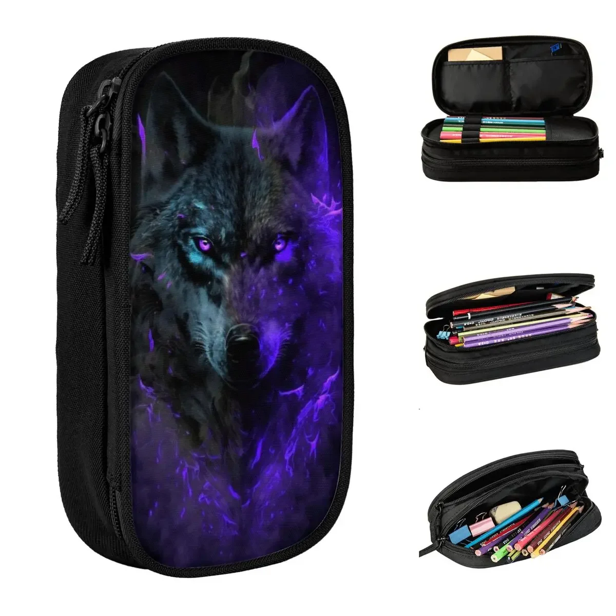 Animal Wild Fierce Wolf Pencil Cases Pen Bags Kids Large Storage School Supplies Zipper Pencilcases