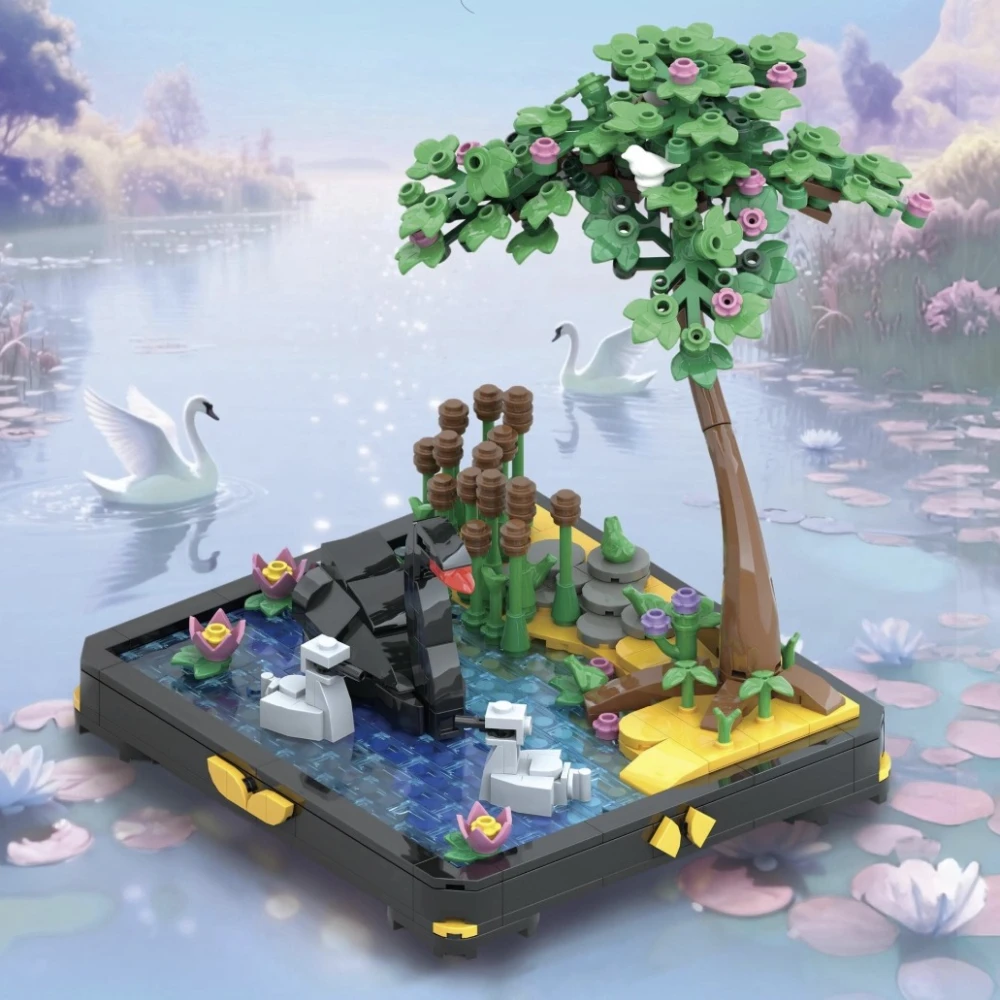

MOC Черная лебедь, сцена мечты, плавание в озере, набор строительных блоков, лотосовые пруды, идея декора, игрушки, подарки для детей, подарки на день рождения
