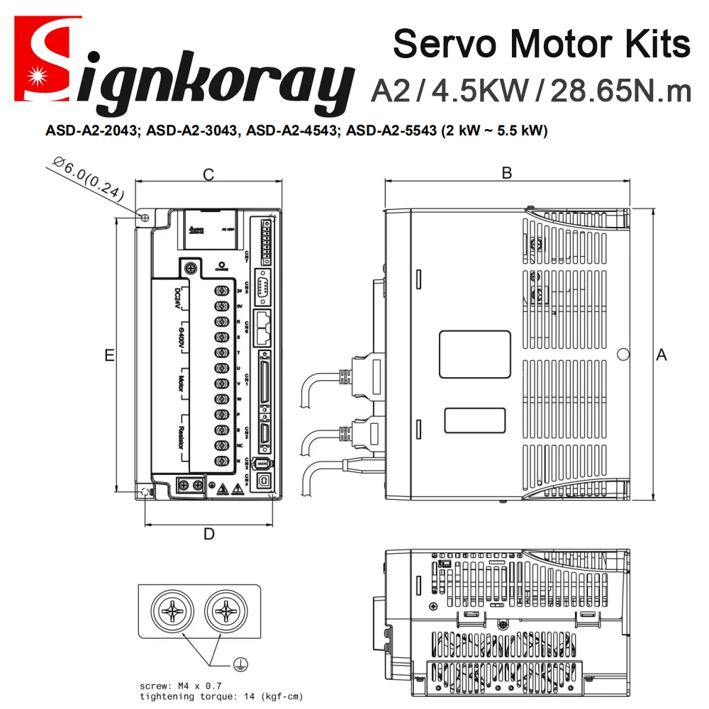Комплекты серводвигателей SignkoRay Delta, 4,5 кВт, серия A2, ASD-A2-4543-M ECMA-L11845RS, 400 В, 1500 об/мин, 28,65 Нм, 20,8 А