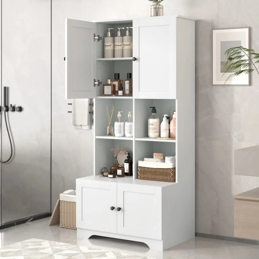 Tall and Wide Bathroom Floor Storage Cabinet Bathroom Storage Unit Freestanding Cabinet with 4 Doors Adjustable Shelves Open mu