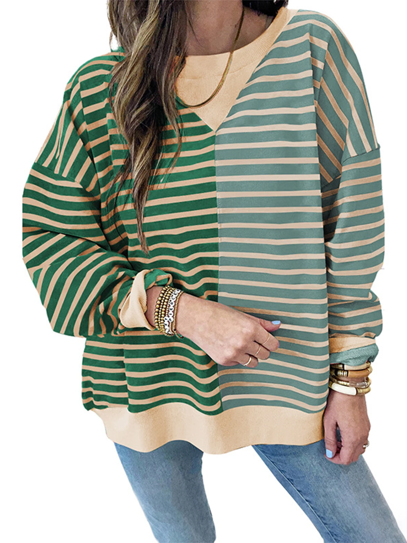 بلوفر نسائي كوري كاجوال مخطط بأكمام طويلة ورقبة دائرية للخريف والشتاء، بلوزة يومية أساسية #3