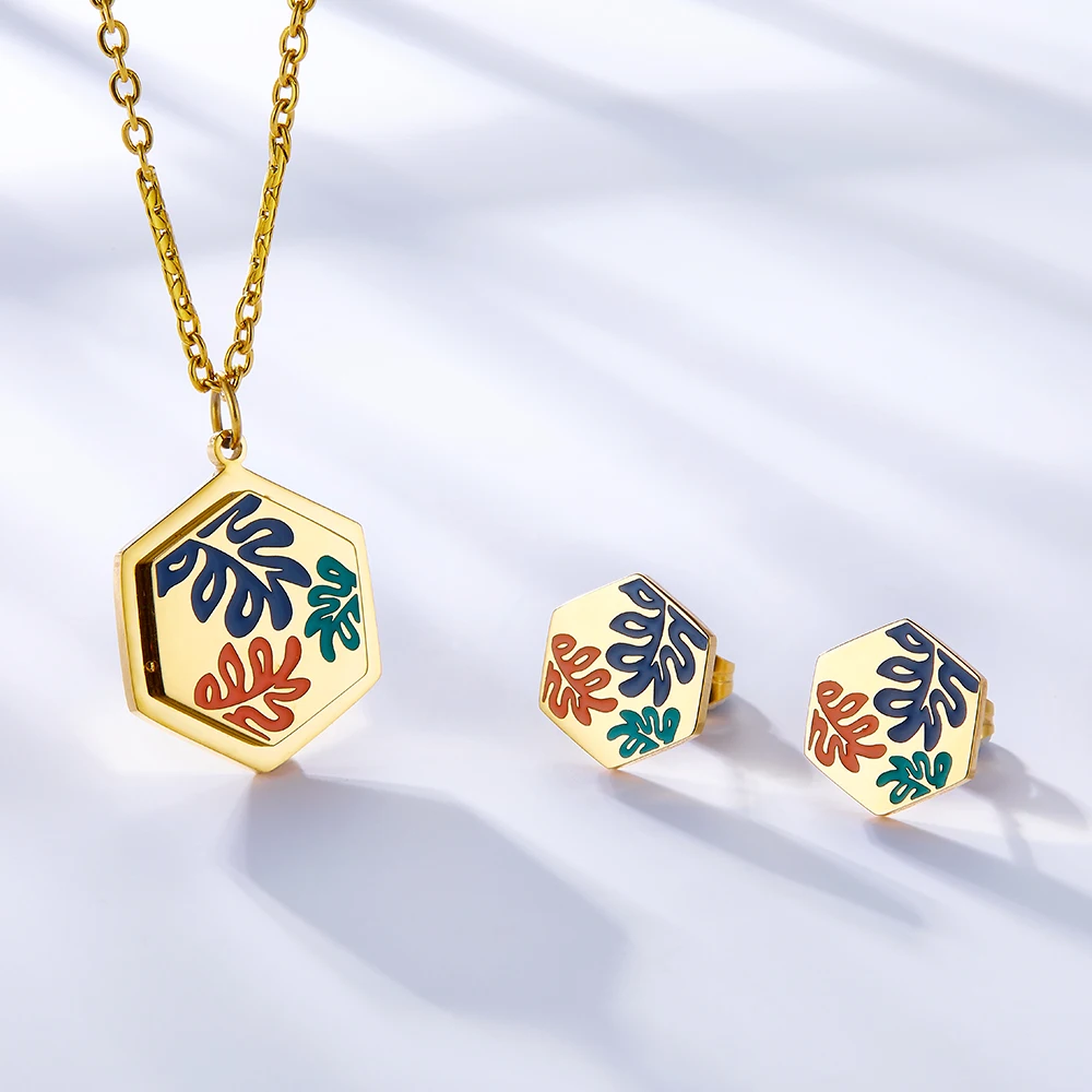 LUXUKISSKIDS Hexagon Jewelry Sets Multi-Color Designer Pattern Leaf Boho Studs Earrings And Necklaces Wedding Party Trendy Sets