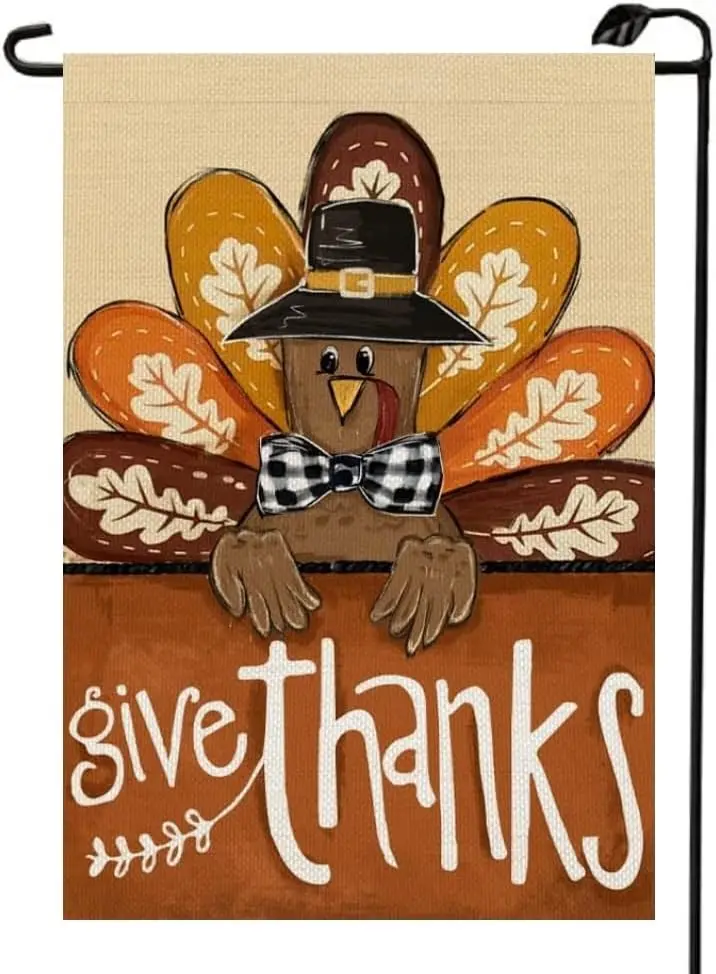 Give Thanks Turkey Thanksgiving Garden Flag 12x18 Inch Double Sided for Outside Burlap Small Welcome Fall Harvest Seasonal A GGP