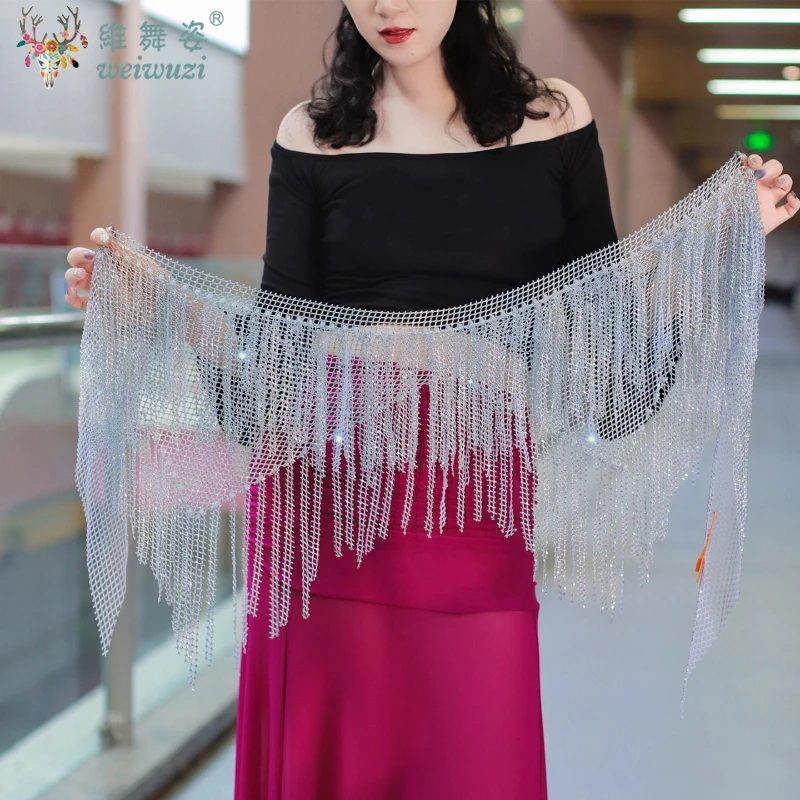 เข็มขัดเต้นรำท้อง เข็มขัดหิน AB ที่มีประกายพู่สามเหลี่ยมผ้าพันคอสะโพกสำหรับผู้หญิงอุปกรณ์เสริมการเต้นรำแบบตะวันออกเข็มขัด