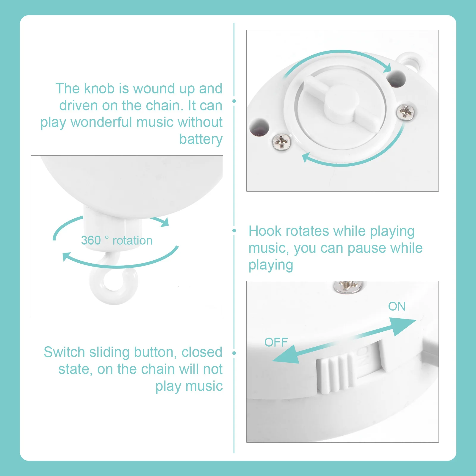 1Pcs Baby Music Box Mobile Crib Hook White Plastic 8x3.5x3.5cm Holder Rotates Pause Nursery Bell Development Visual Auditory