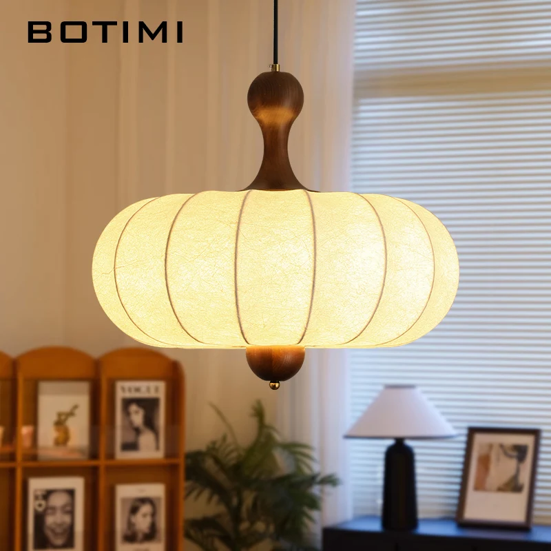 

BOTIMI French Style Antique Silk Bedroom Pendant Light Solid Wood Retro Japanese Dining Room Wooden Lighting Fixtures