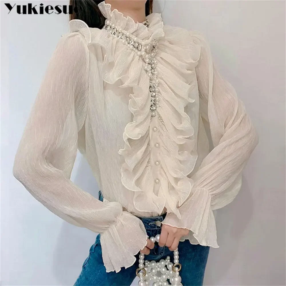 

2022 Spring Autumn Korean stytle Trend Turtleneck Blouses Flare Sleeve Bead Bling ElegantOffice Lady Solid Ruffled Fashion
