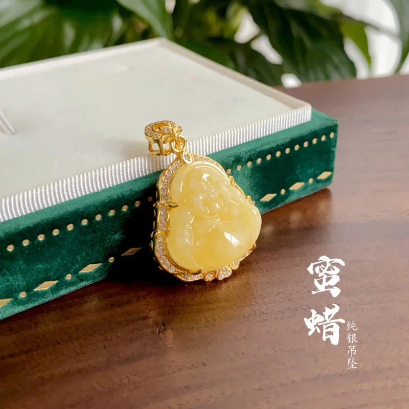 

Natural Buddha S925 Silver Inlaid Chicken Fat Yellow Russian Amber Single Pendant
