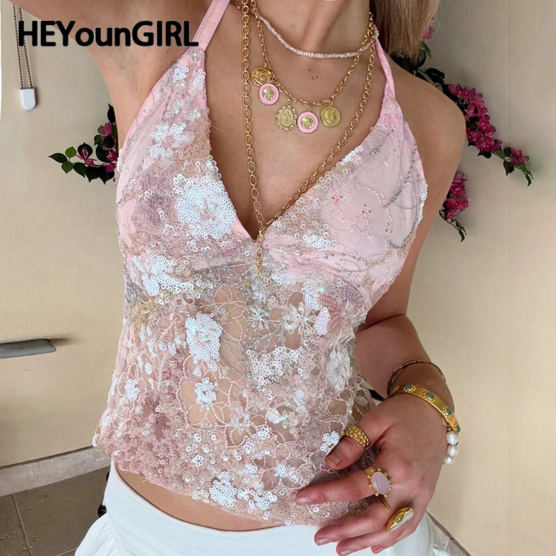 

HEYounGIRL Pink Chic Sequin Halter V-neck Crop Top Fashion Y2K Streetwear Backless Lace-up Tank Top Summer Sexy Sweet Camisole