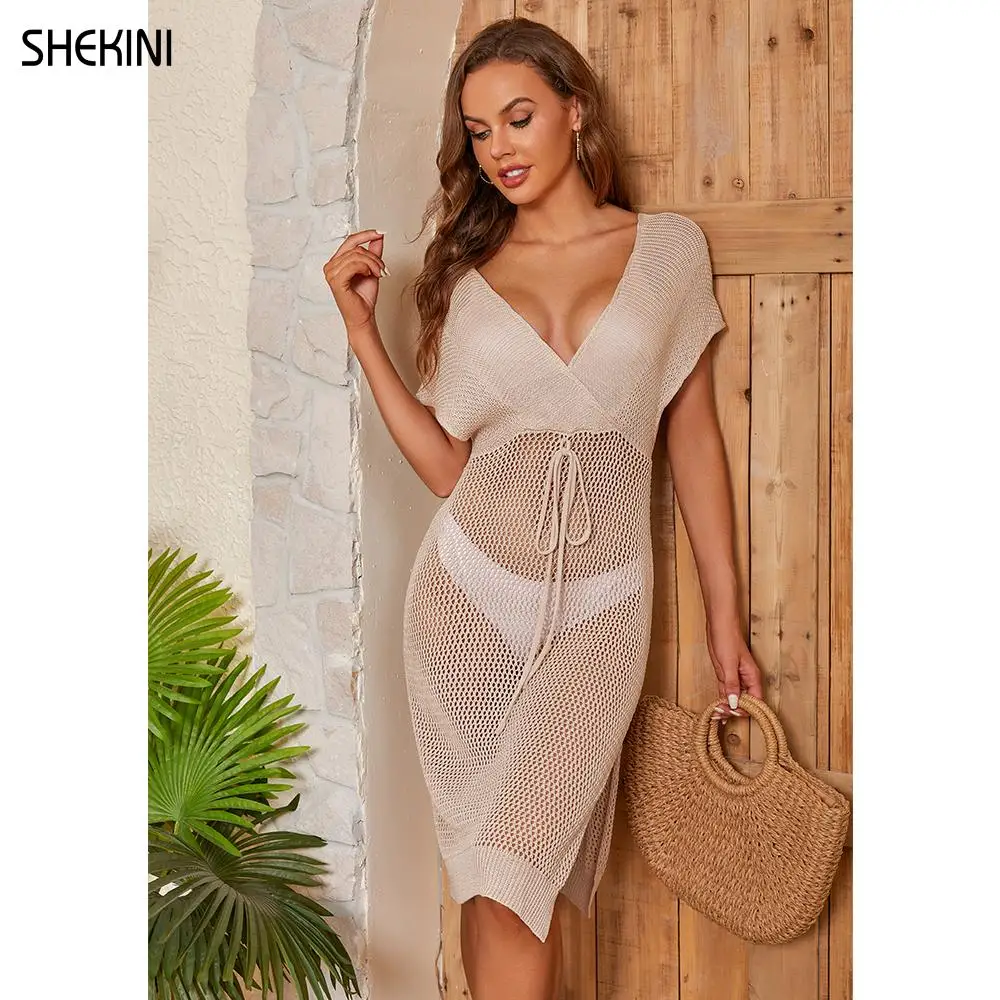 SHEKINI Women's Crochet Swimsuit Cover Up Sexy Hollow Out Beach Dress Short Sleeve Side Slit Midi Bikini