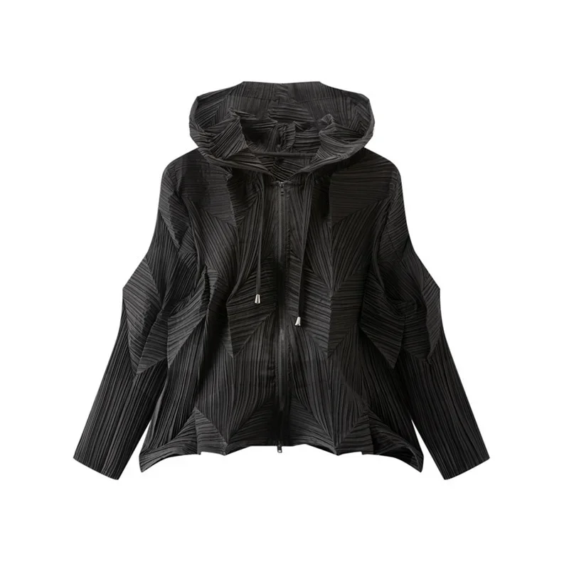Women's Short Jacket Casual Zip Loose Top Women's 2025 Summer Clothing Miyake Solid Colour Hooded Bat Sleeve Irregular Pleated
