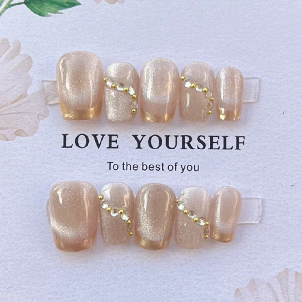 10Pcs Cute Short Square Oval Full Cover False Nails Hand-Painted Flower Gradients Cat Eyes Pearl Wearable Artificial False Nails