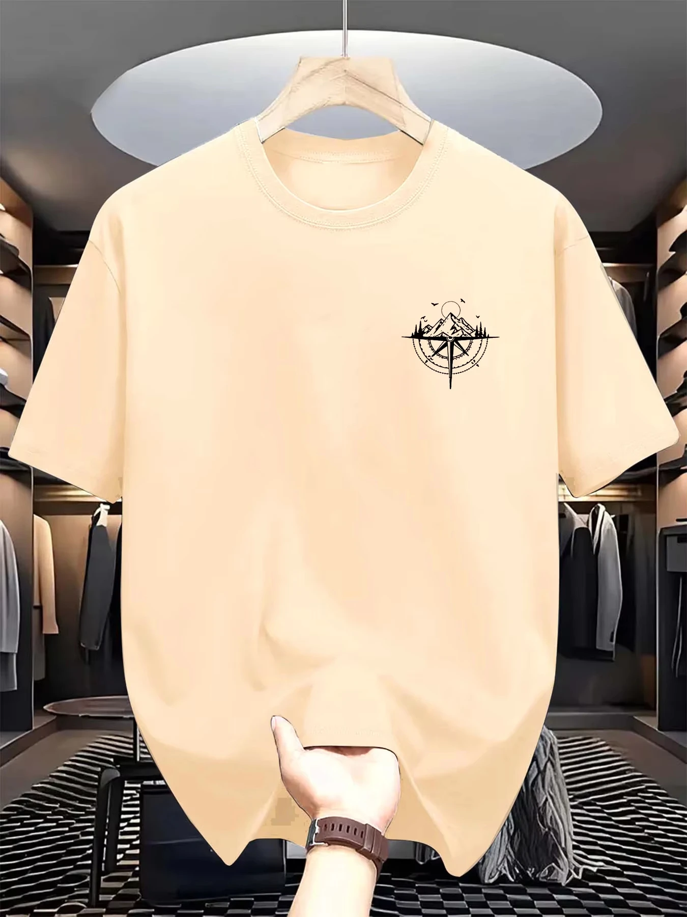 Sommer-T-Shirt für Herren aus 100 % Baumwolle mit Mountain Compass-Grafikdruck, lässig, locker, sportlich, bequem, Rundhalsausschnitt, kurzärmelig – Detail 5
