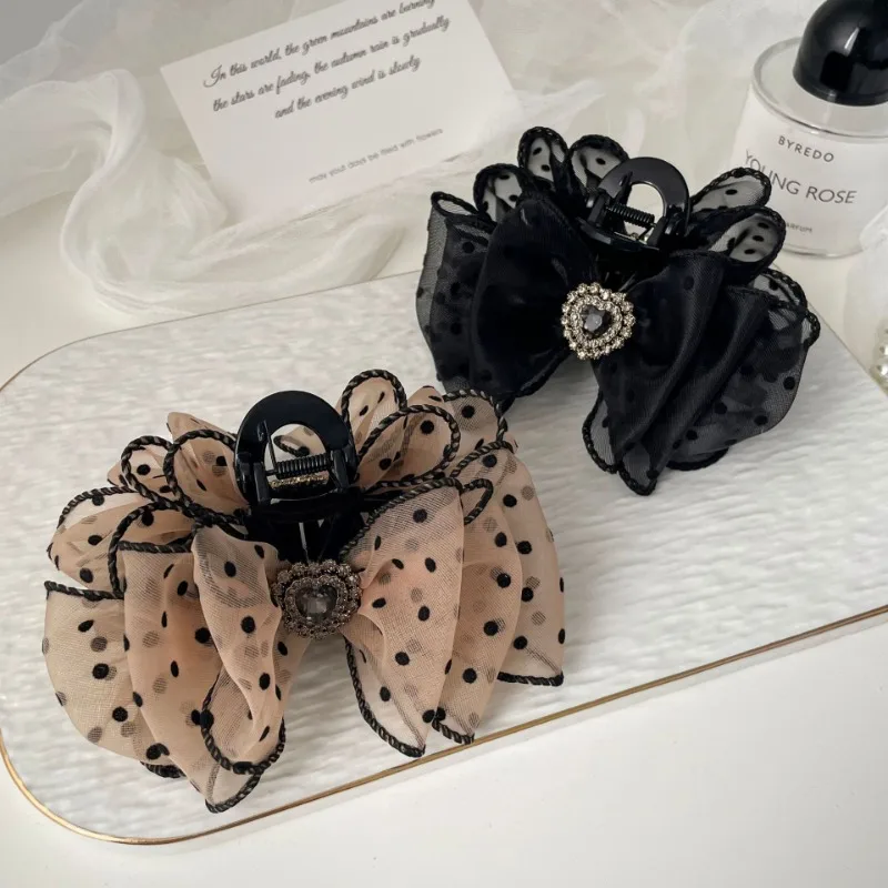 Korean Style Mesh Bow Knot Polka Dot Hair Claw Vintage Elegant Hair Clamp Hairpin Shark Clips For Women Fashion Hair Accessories