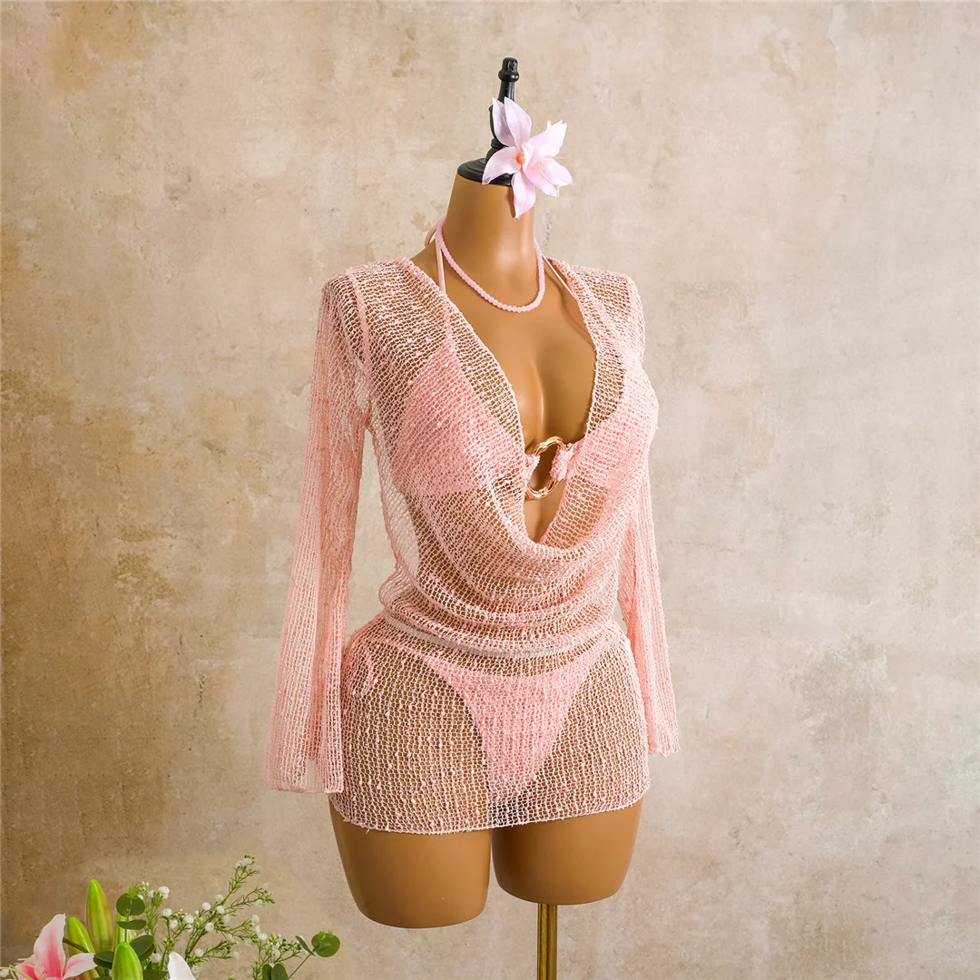 Sexy Neckholder-Bikini, Damen-Badeanzug, dreiteiliges Bikini-Set mit langärmeligem Kleid, Badeanzug, Badebekleidung, Schwimmanzug V7925C – Detail 27