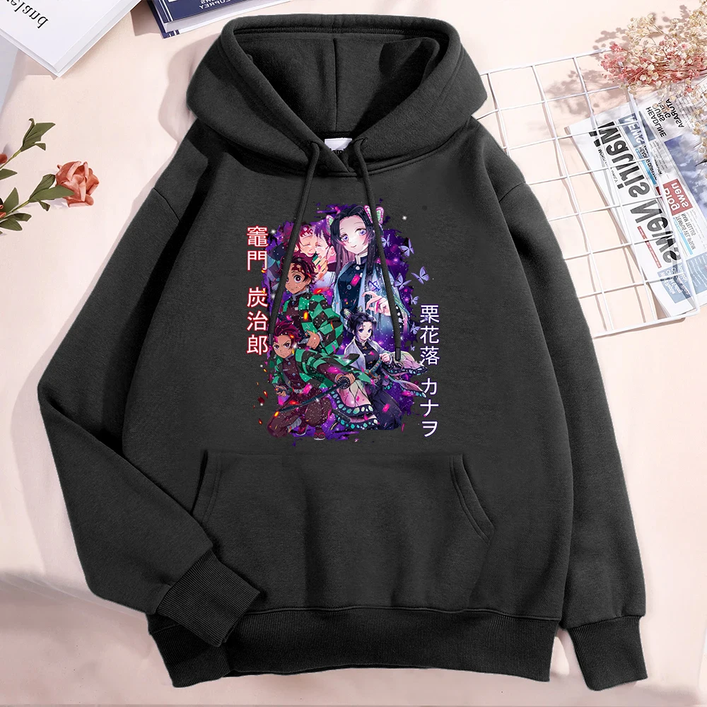 

New Anime Kamado Tanjirou Tsuyuri Kanao Print Hooded Sweatshirt Autumn Winter Women Men Harajuku Fleece Loose Casual Sweatshirts