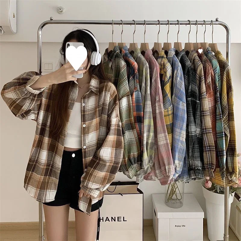 

Blouses Women Shirt Turn Down Collar Full Sleeve Tops Plaid Y2k Streetwear Elegant Splice Work Casual Loose Autumn 2025