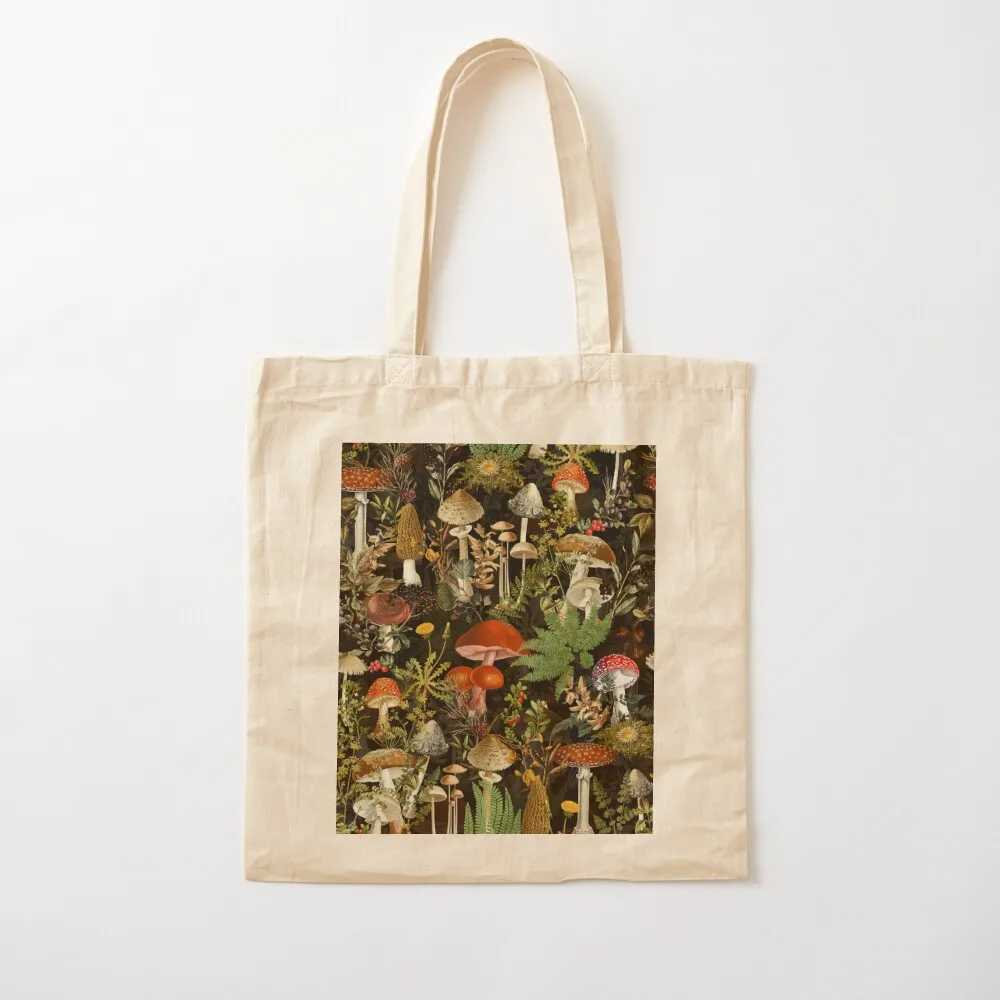 Vintage Midnight Mushrooms Forest Botanical Night Garden Pattern - Black Colorful Tote Bag Beach bag hand bag ladies