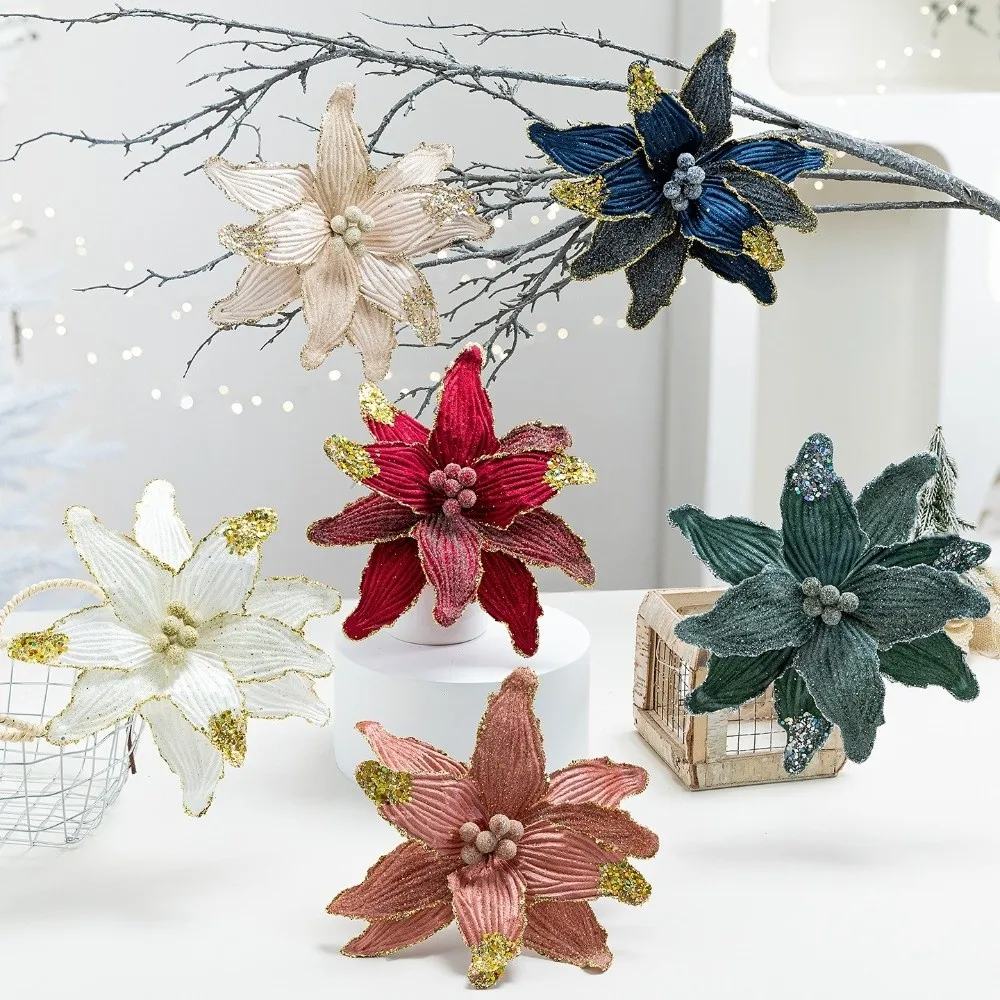 

Faux Velvet Artificial Christmas Flower with Glitter Vibrant Color Christmas Tree Wreath 26cm DIY Flower Hanging Ornaments