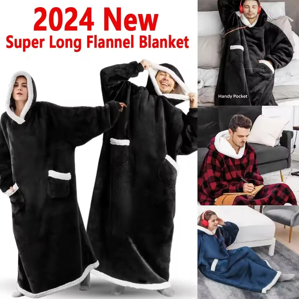 150cm Super Long Flannel Blanket Cold-proof Nightgown Pyjamas Sleeves Winter Hoodies Sweatshirt Women Men Pullover Fleece Giant