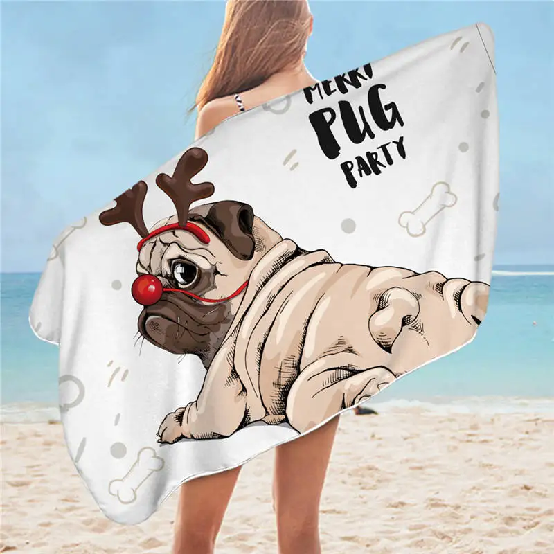 Hippie Pug Bath Towel Bathroom Microfiber Animal Cartoon Dog Beach Towel for Adult Cute Bulldog Blanket 75x150cm Bath Towels