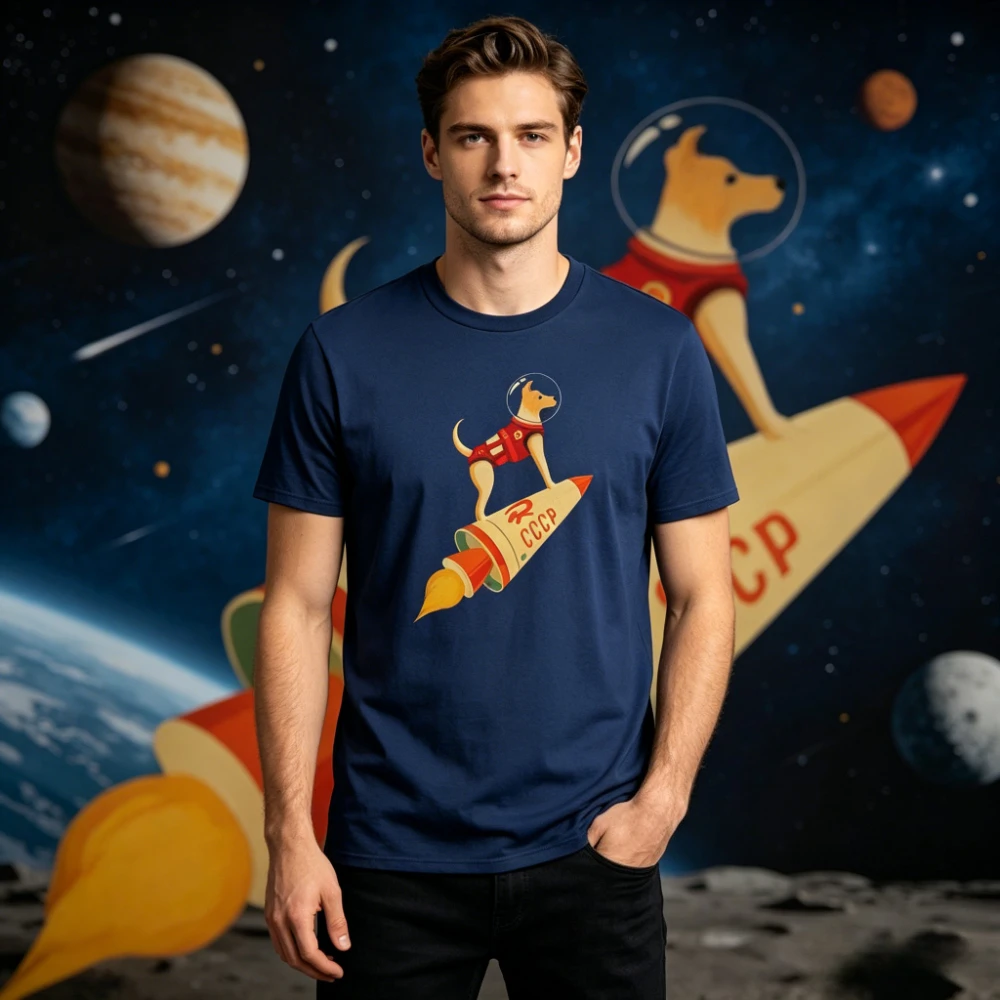 Vintage CCCP Laika The Space Dog Print T-Shirt Retro Soviet Space Casual Top Herren Rundhalsausschnitt Baumwolle Kurzarm Sommer Streetwear