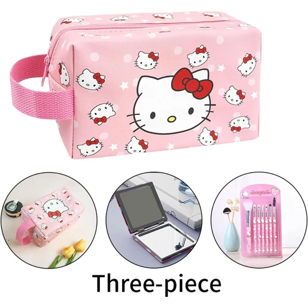 Cute Hello Kitty Handle Bag with Makeup Brushes Mirror PU Leather Handbag for Women Girls Outdoor Travel Business Trip Makeup Best Gifts for Christmas Valentine's Day Birthday Party Wedding