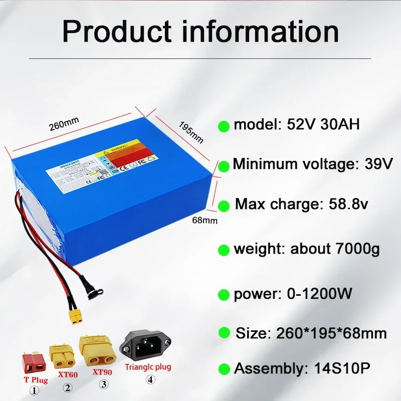 18650-14S10P 52V 30Ah Li-ion Battery Pack Built-in High Power BMS for 48V 0-1200W power tools, backup Battery+58.8V 5A charger