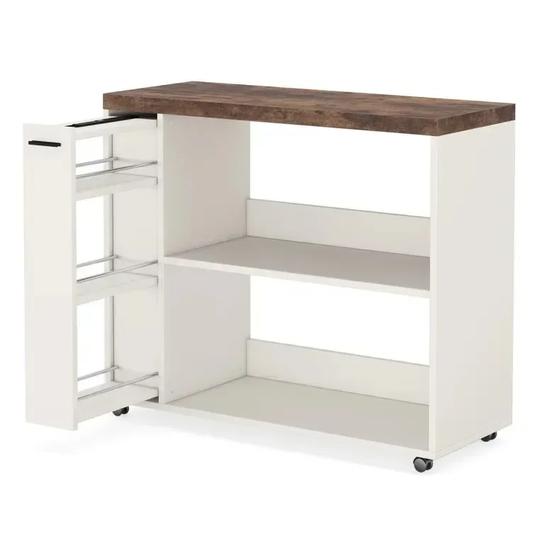 

Modern Panel Wood White Brown 3 Tier Kitchen Island Trolley Rolling Kitchen Utility Cart with Slim Pull Out Shelves