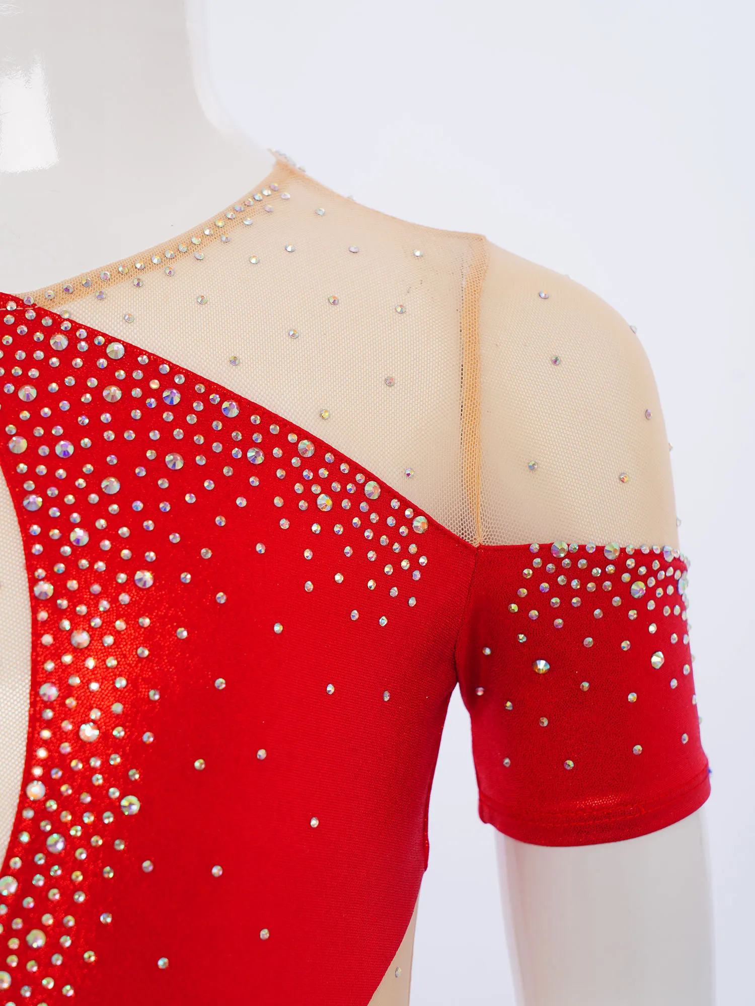 Teen Girls Ballet Dance Leotards Gymnastics Figure Skating Performance Dancewear Rhinestones Short Sleeve Sheer Mesh Bodysuit